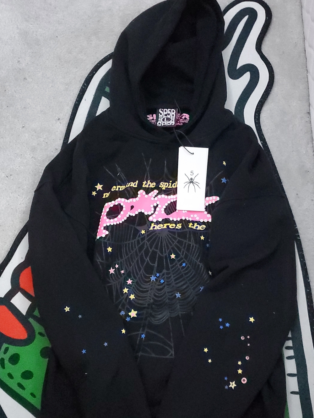 Mens Black Spiderweb Graphic Hoodie with Pink Logo
